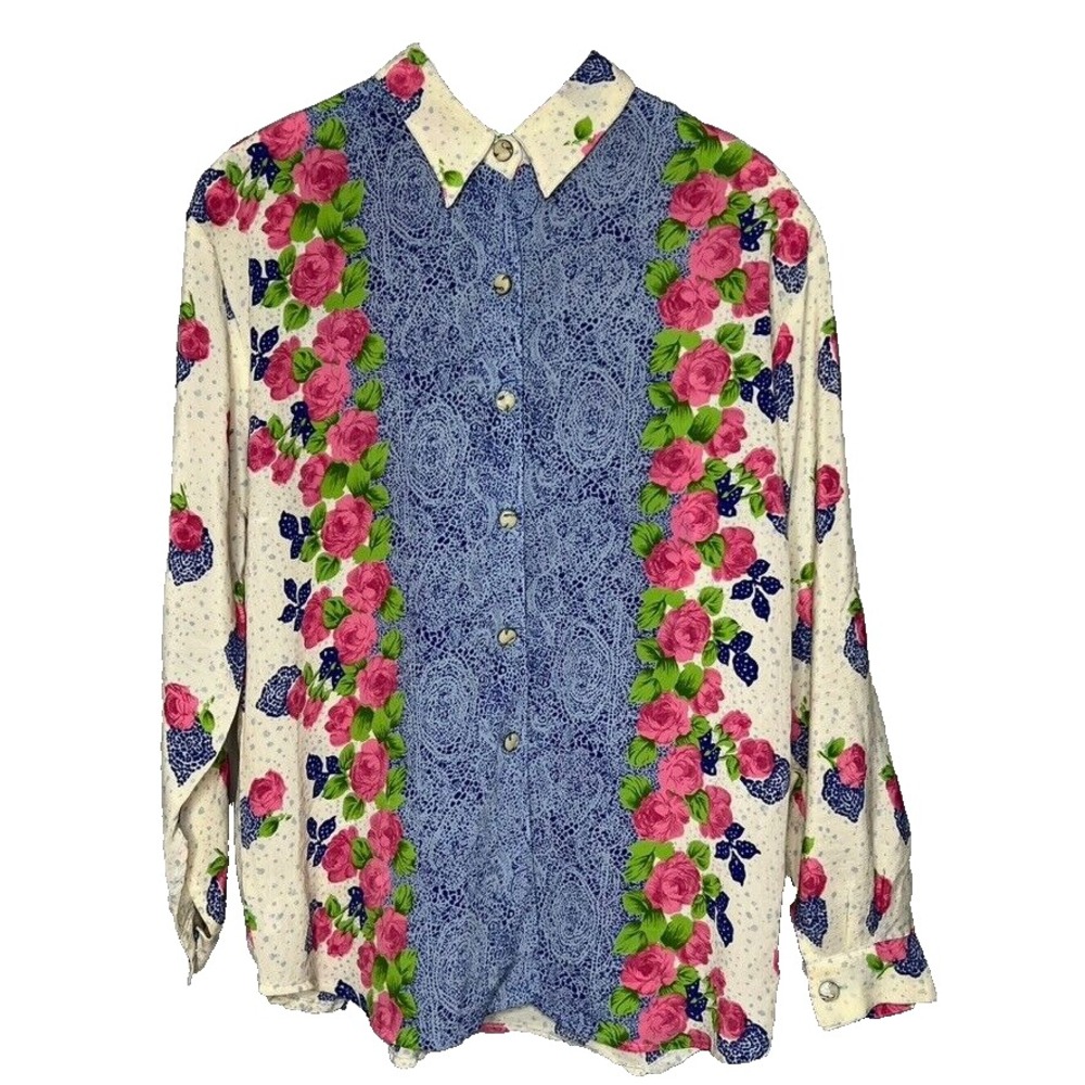 Headliners Vtg Blouse L Floral 90s Shoulder Pads Mixed Print Buttons Cottage Y2K